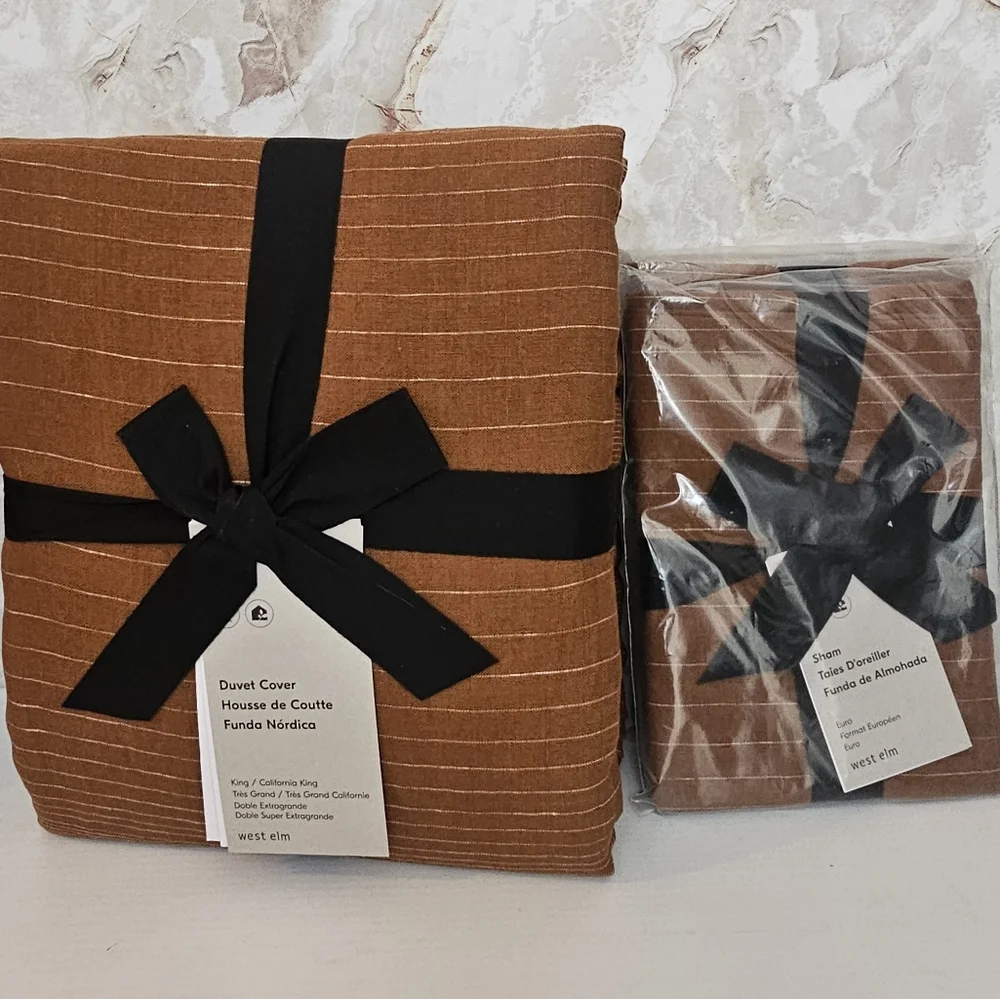 **European Flax Linen Graduated Stripe King Duvet Cover & Euro Shams Amber
